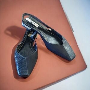 ZARA Black Snake Print Leather Sling Back Square Toe Flats - Size 5 / 5.5